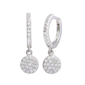 Rhodium Plated 925 Sterling Silver Dangling CZ Disc huggie hoop Earrings - STE01212