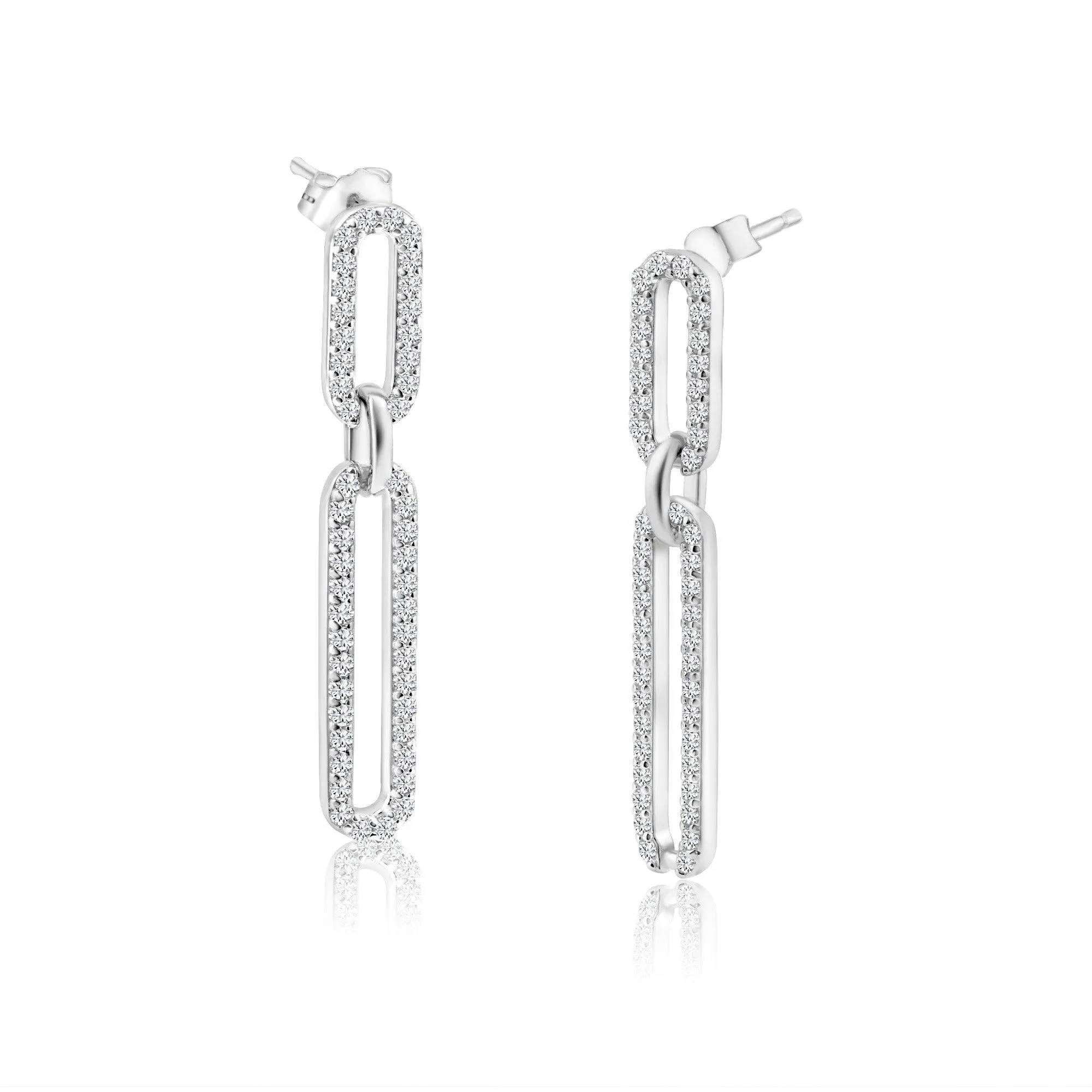 Rhodium Plated 925 Sterling Silver Dangling CZ Paperclip Earring - STE01311