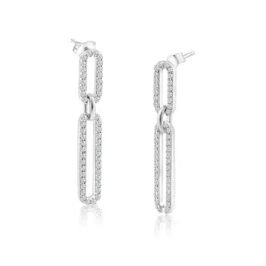 Rhodium Plated 925 Sterling Silver Dangling CZ Paperclip Earring - STE01311