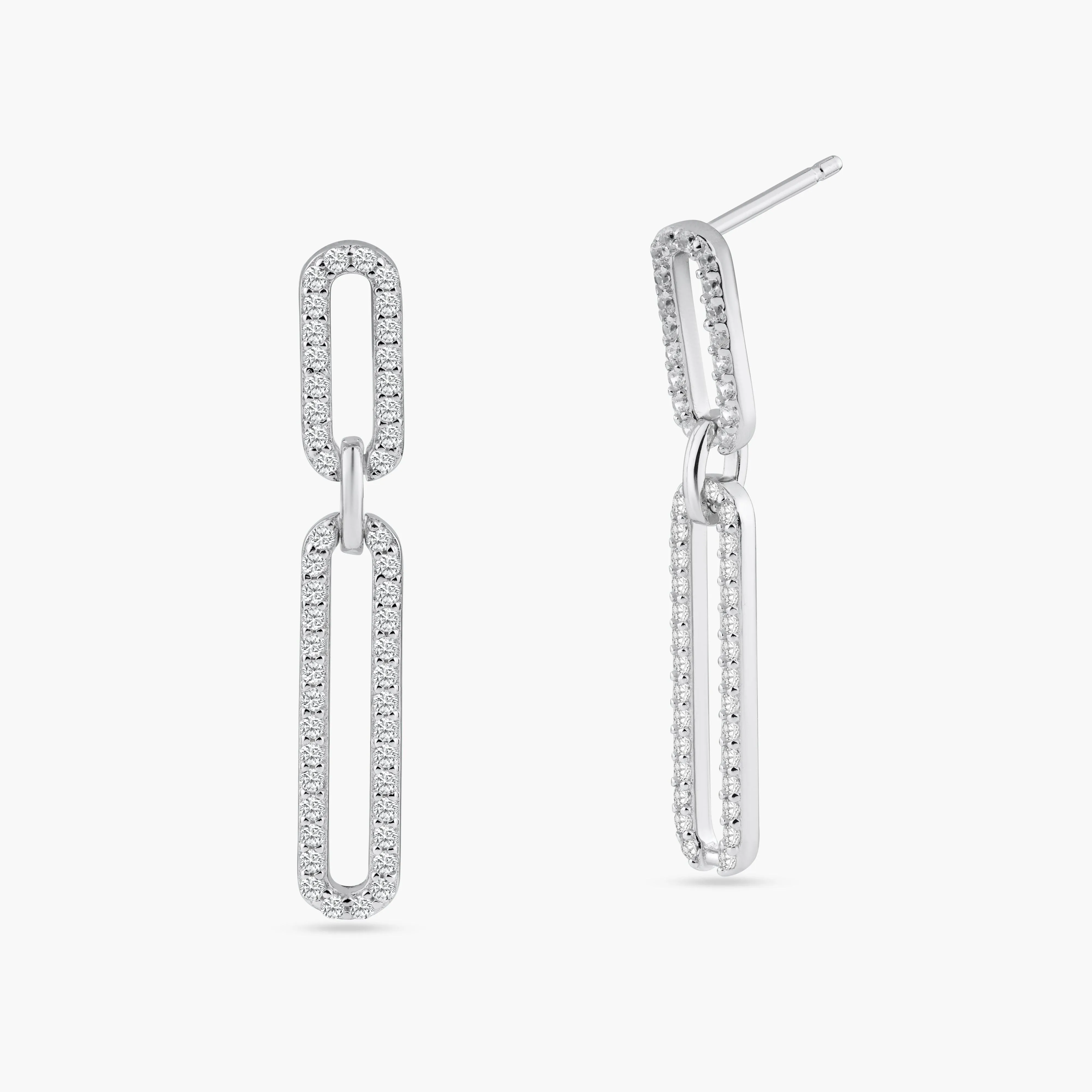 Rhodium Plated 925 Sterling Silver Dangling CZ Paperclip Earring - STE01311