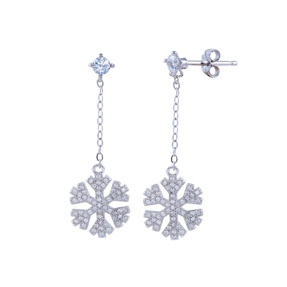 Rhodium Plated 925 Sterling Silver Dangling CZ Snow Flakes Earring - STE01310