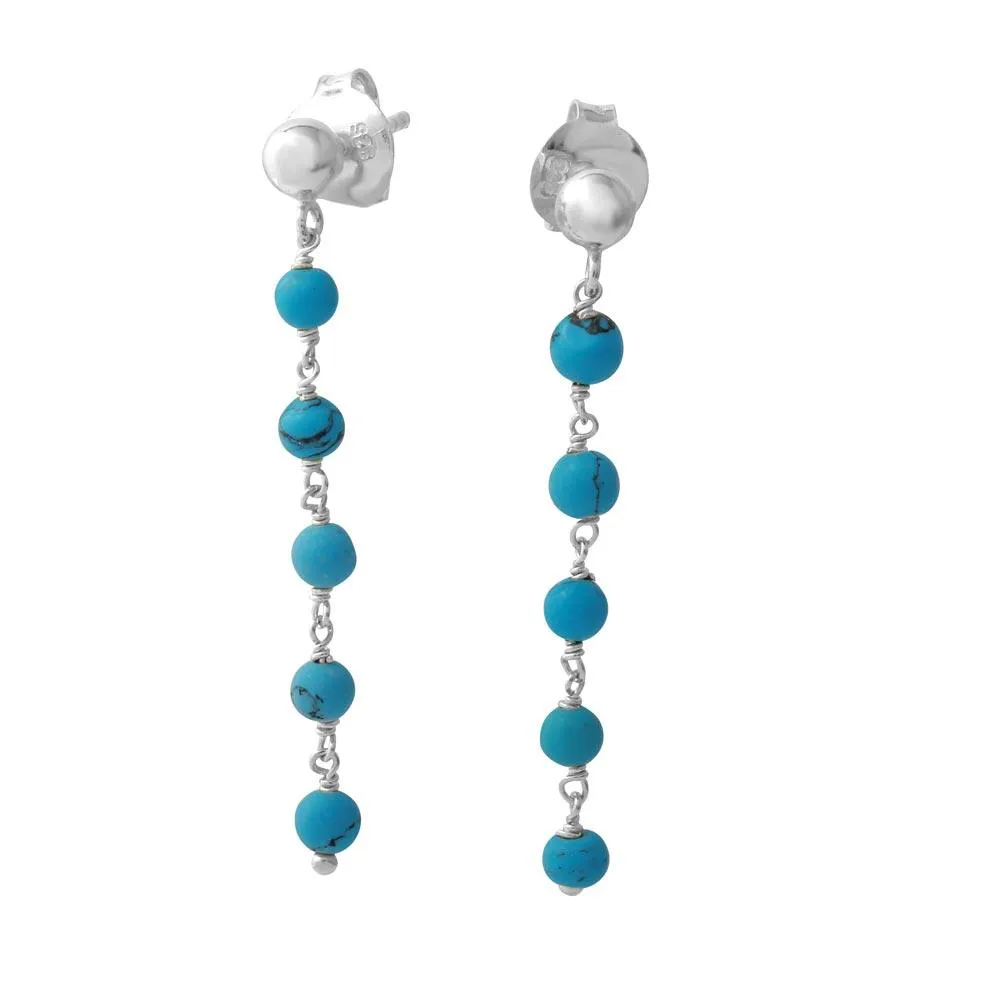 Rhodium Plated 925 Sterling Silver Dangling Earring with 5 Turquoise Beads - DIE00006RH-TQ