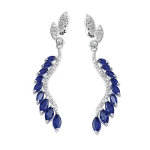 Rhodium Plated 925 Sterling Silver Dangling Feather Earrings with Blue CZ - BGE00604BLU