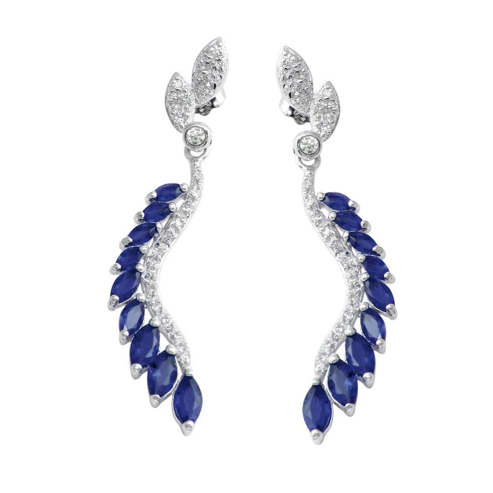Rhodium Plated 925 Sterling Silver Dangling Feather Earrings with Blue CZ - BGE00604BLU
