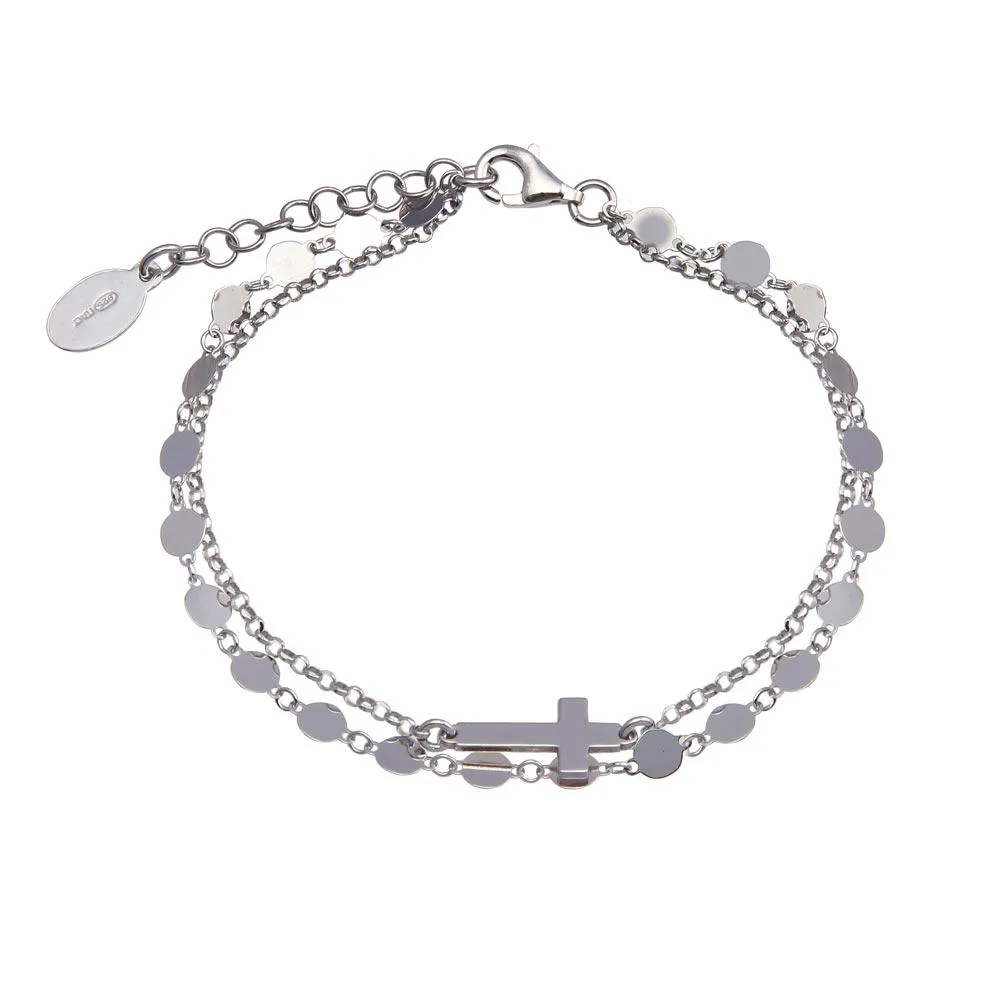 Rhodium Plated 925 Sterling Silver Disc Cross Link Chain Bracelet - ITB00314-RH