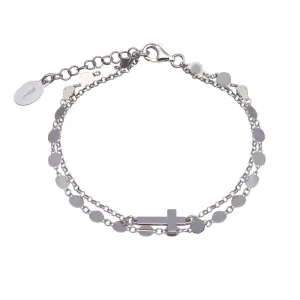 Rhodium Plated 925 Sterling Silver Disc Cross Link Chain Bracelet - ITB00314-RH