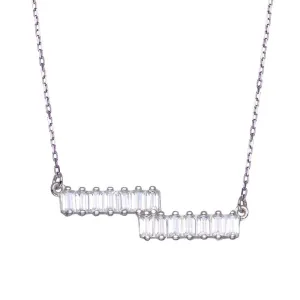Rhodium Plated 925 Sterling Silver Double Baguette Horizontal Bar CZ Necklace - BGP01360