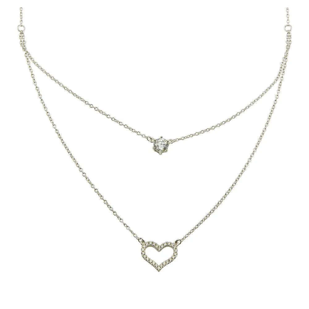 Rhodium Plated 925 Sterling Silver Double Chain Heart Necklace with CZ - BGP01224