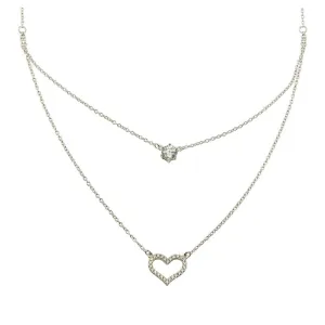 Rhodium Plated 925 Sterling Silver Double Chain Heart Necklace with CZ - BGP01224