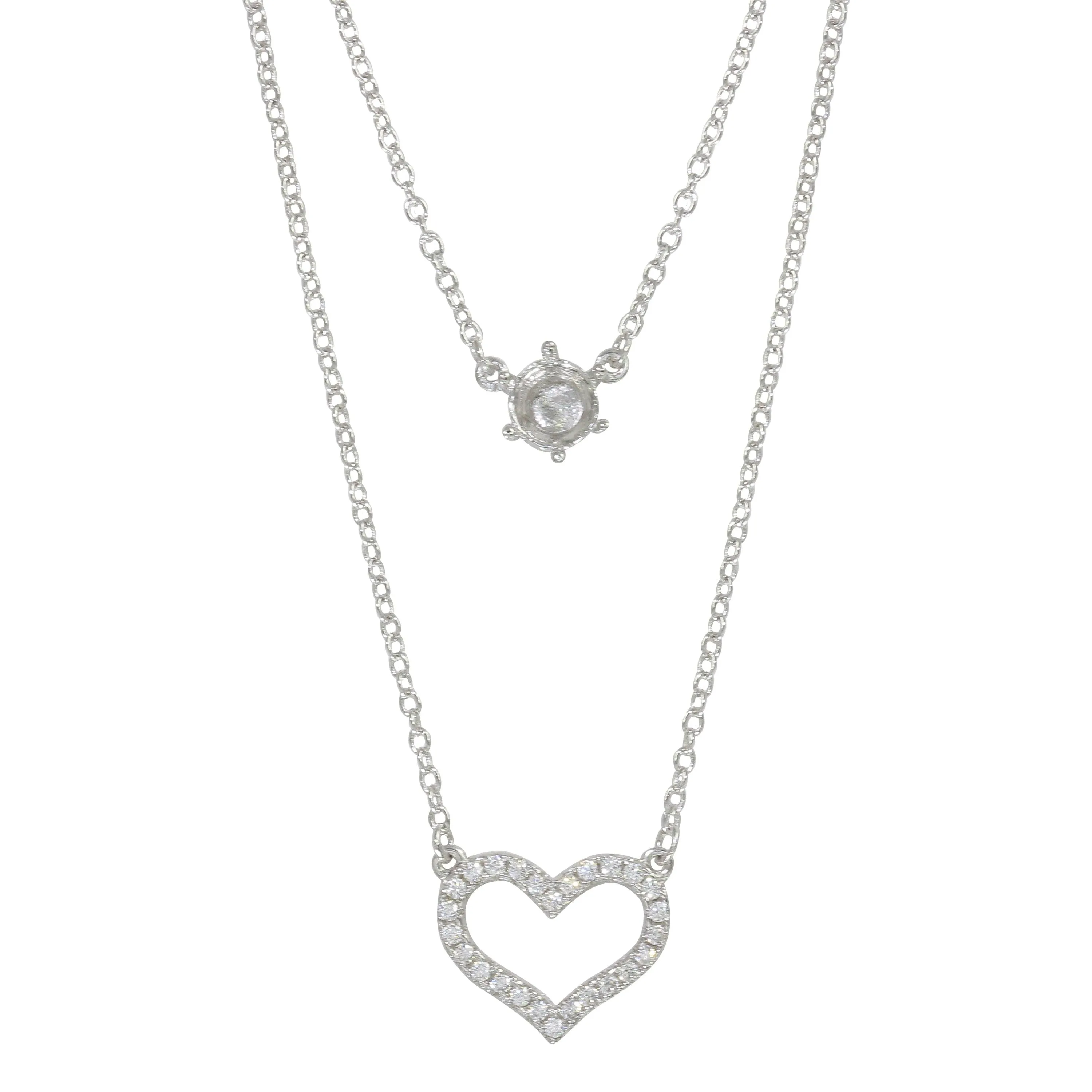 Rhodium Plated 925 Sterling Silver Double Chain Heart Necklace with Mounting Set - BGP01223