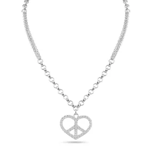 Rhodium Plated 925 Sterling Silver Double Chain Heart Peace Clear CZ Necklace - STP00867