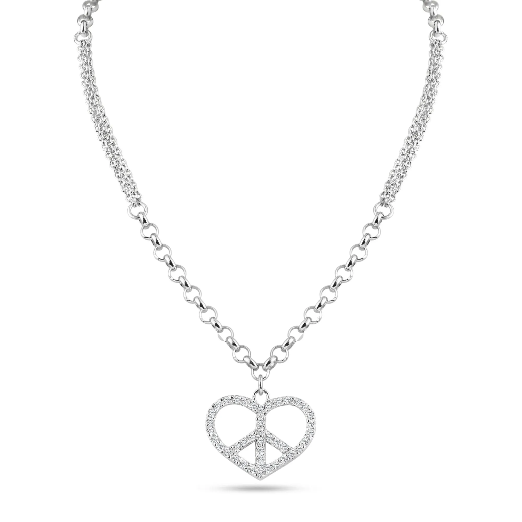 Rhodium Plated 925 Sterling Silver Double Chain Heart Peace Clear CZ Necklace - STP00867