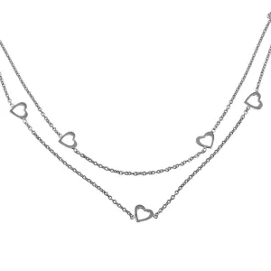 Rhodium Plated 925 Sterling Silver Double Chain Hearts Necklace - SOP00058