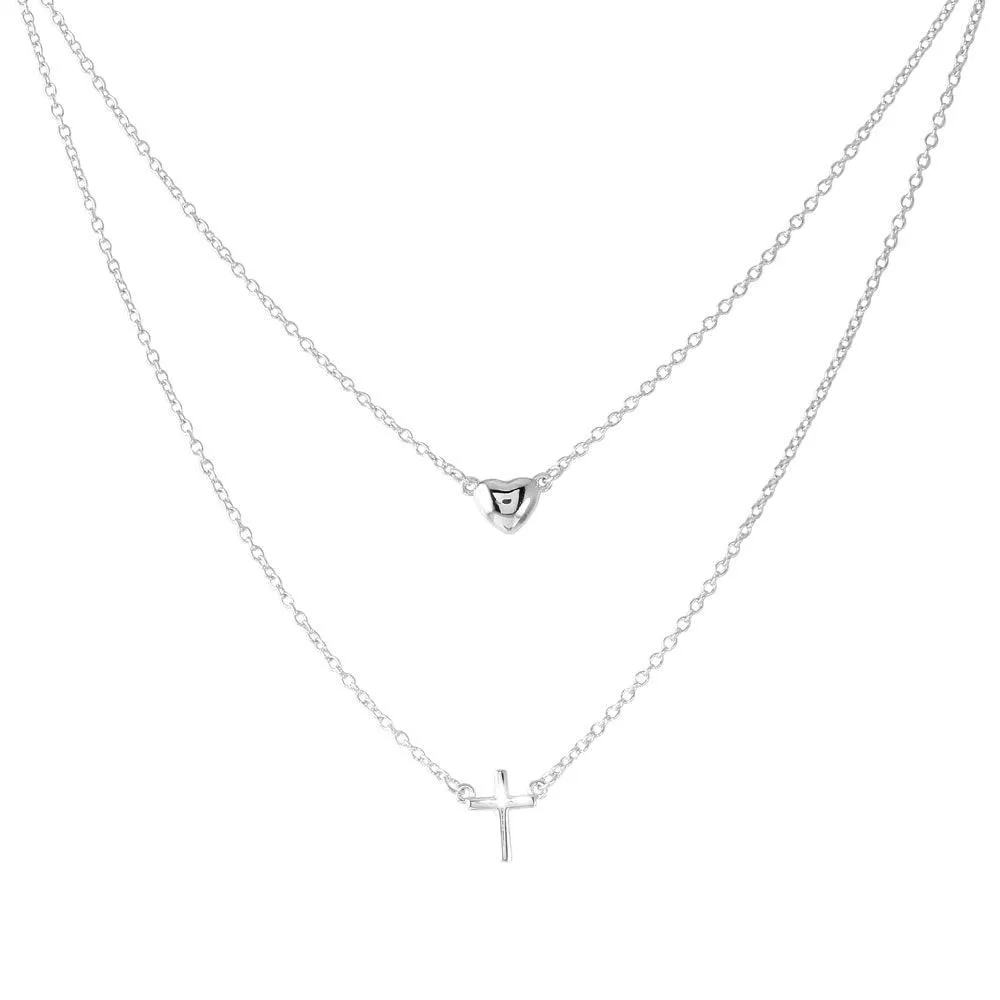 Rhodium Plated 925 Sterling Silver Double Strand Heart and Cross Necklace - BGP01198