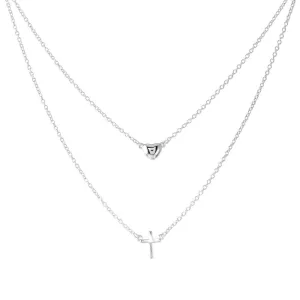 Rhodium Plated 925 Sterling Silver Double Strand Heart and Cross Necklace - BGP01198