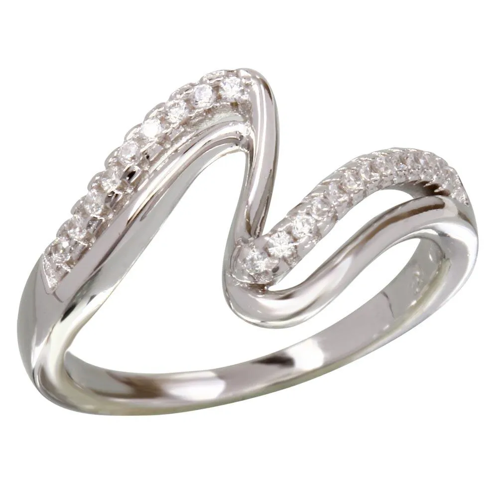 Rhodium Plated 925 Sterling Silver Double Wave CZ Ring - BGR01174