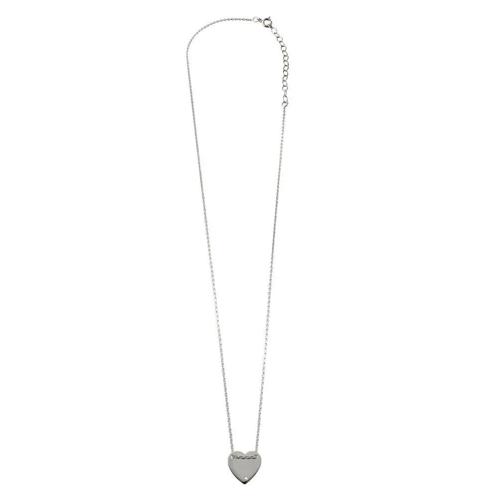 Rhodium Plated 925 Sterling Silver Engravable Heart Shaped Necklace with CZ - DIN00076RH