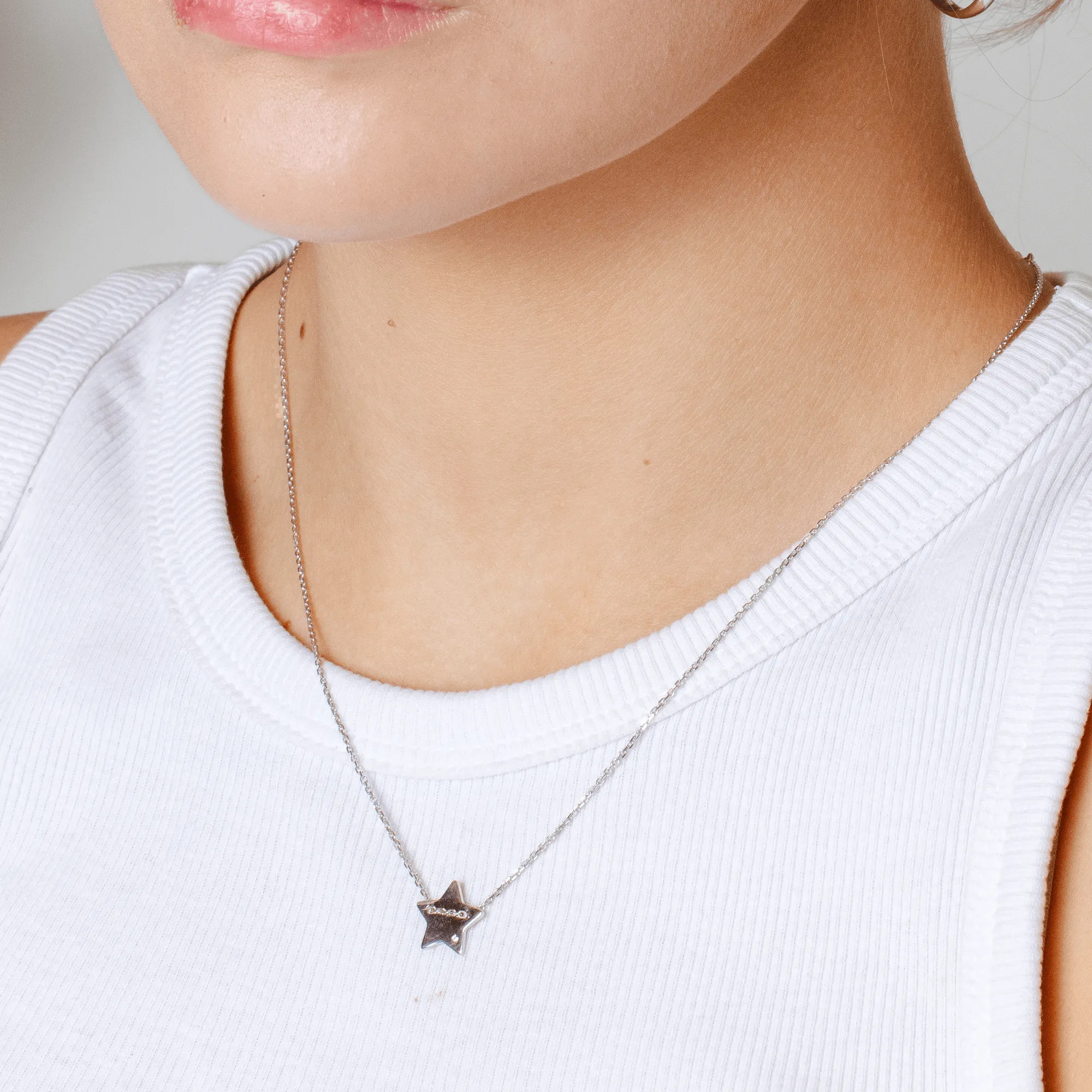 Rhodium Plated 925 Sterling Silver Engravable Star Shaped Necklace with CZ - DIN00079RH
