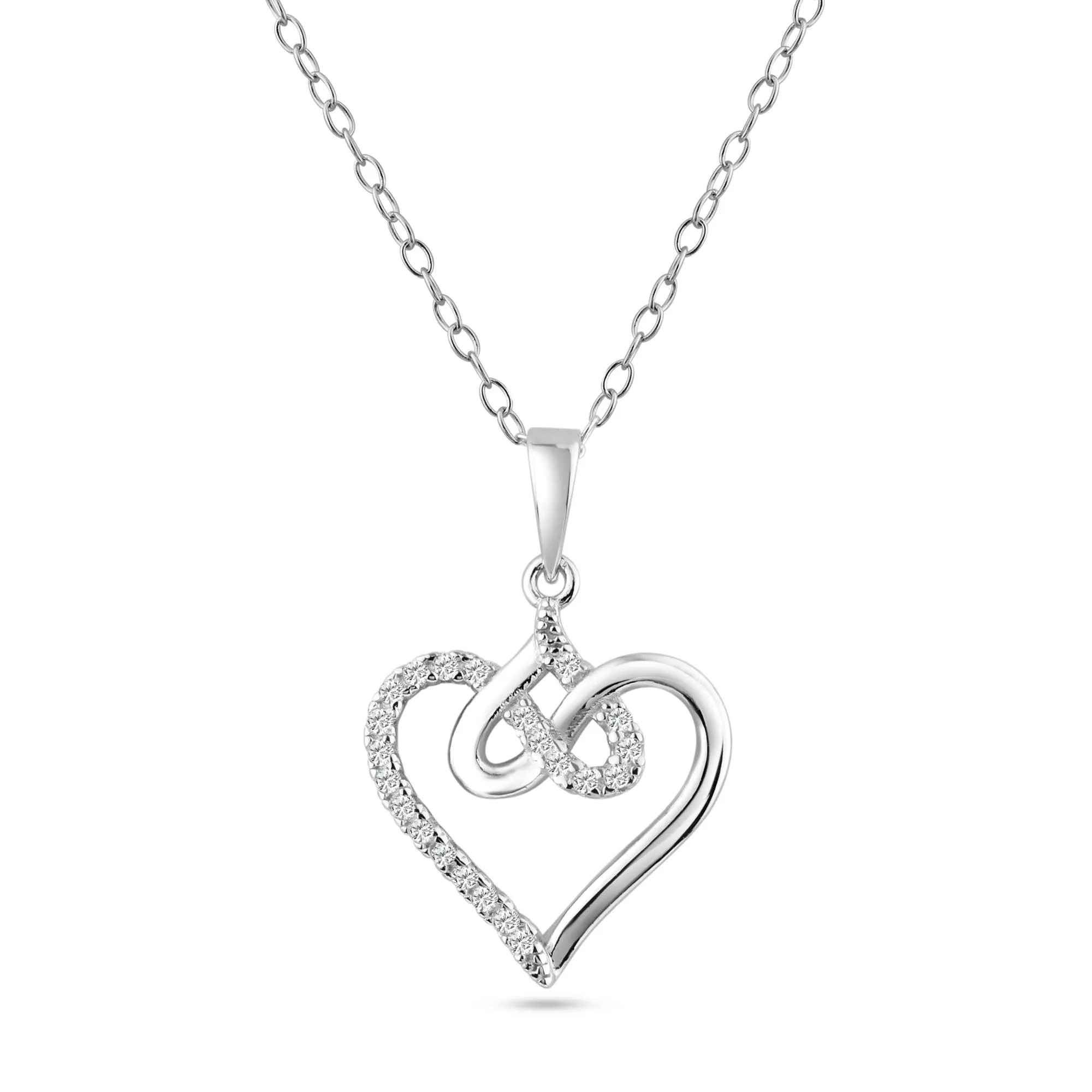 Rhodium Plated 925 Sterling Silver Entagled Hearts CZ Pendant Necklace - BGP01463