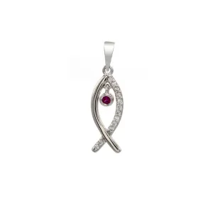 Rhodium Plated 925 Sterling Silver Fish Pendant with Clear and Pink CZ - BGP01378