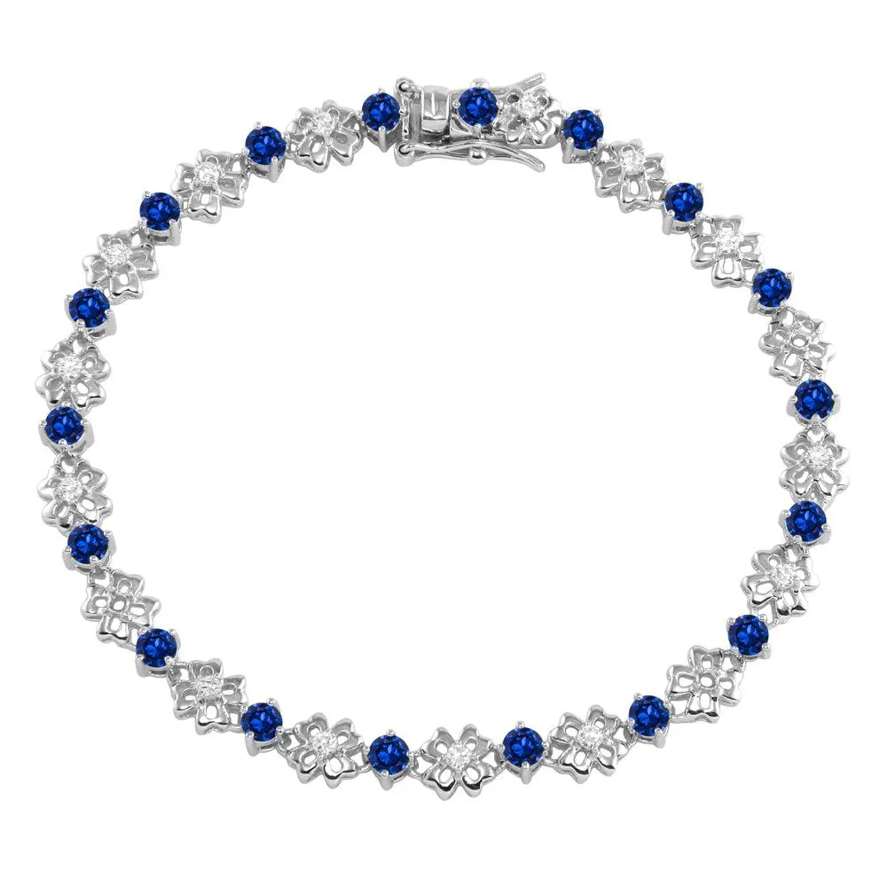 Rhodium Plated 925 Sterling Silver Flower Link  Bracelet with Clear and Blue CZ - BGB00304BLU