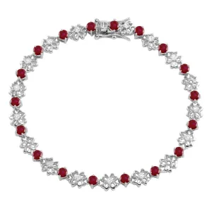 Rhodium Plated 925 Sterling Silver Flower Link  Bracelet with Clear And Red CZ - BGB00304GAR
