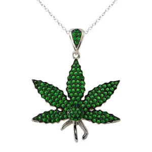 Rhodium Plated 925 Sterling Silver Green CZ Marijuana Leaf Necklace - BGP01340