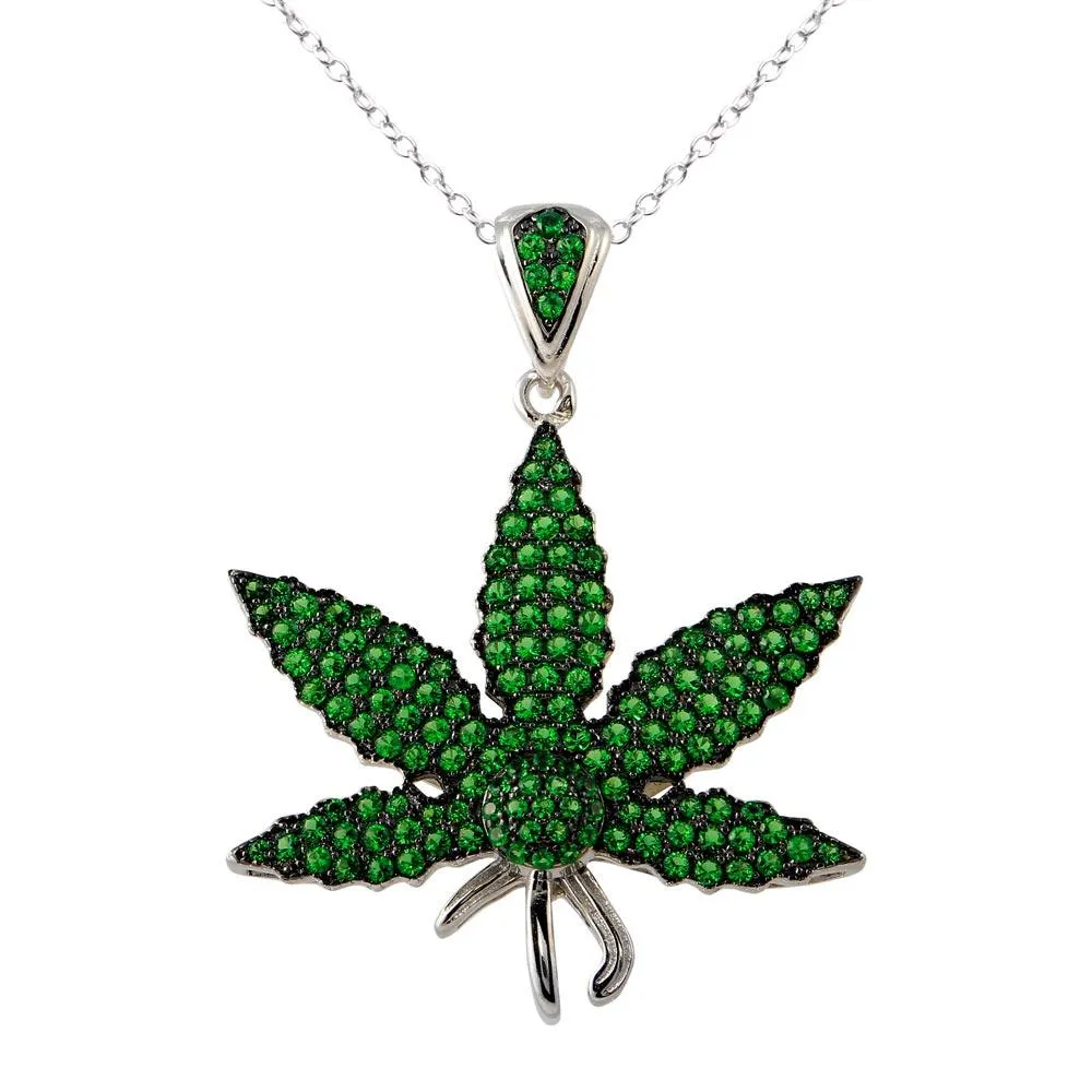 Rhodium Plated 925 Sterling Silver Green CZ Marijuana Leaf Necklace - BGP01340