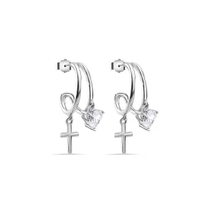 Rhodium Plated 925 Sterling Silver Heart and Cross Hoop Earring - STE01384