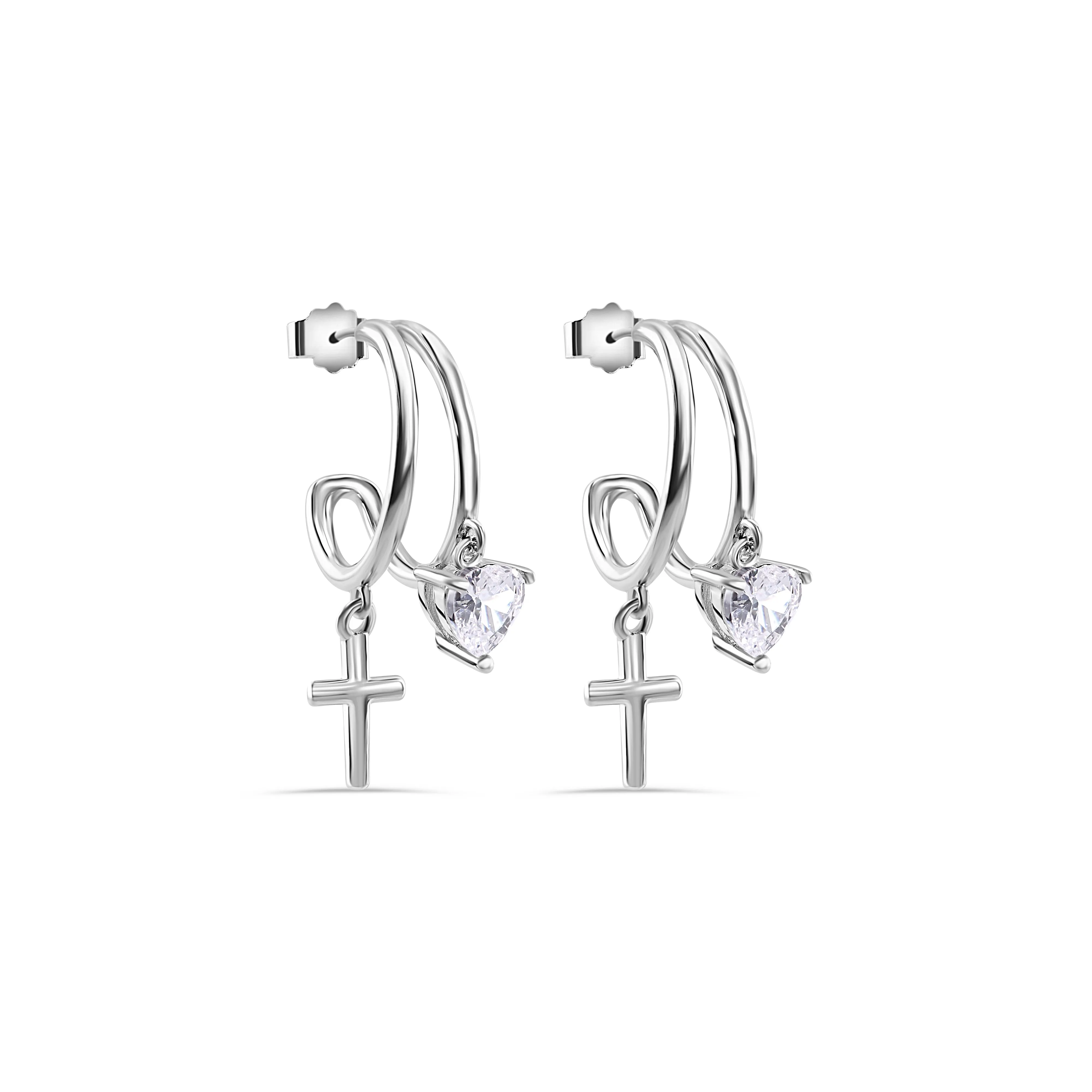 Rhodium Plated 925 Sterling Silver Heart and Cross Hoop Earring - STE01384