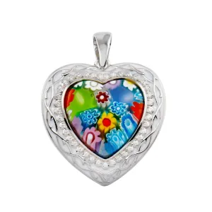 Rhodium Plated 925 Sterling Silver Heart Murano Glass With CZ Pendant - MP00004