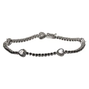 Rhodium Plated 925 Sterling Silver Heart Tennis Bracelet with Black and Clear CZ - GMB00057BLK