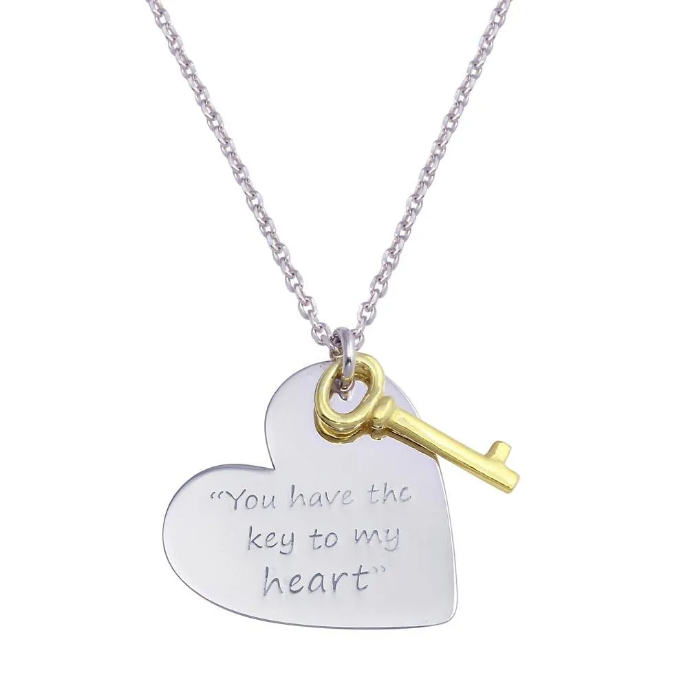 Rhodium Plated 925 Sterling Silver Heart with Gold Key Necklace - SOP00110