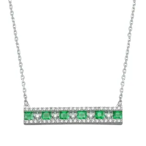 Rhodium Plated 925 Sterling Silver Horizontal Bar Green CZ Necklace - BGP01368GRN