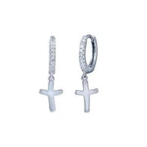 Rhodium Plated 925 Sterling Silver huggie hoop Cross CZ Earring - STE01301