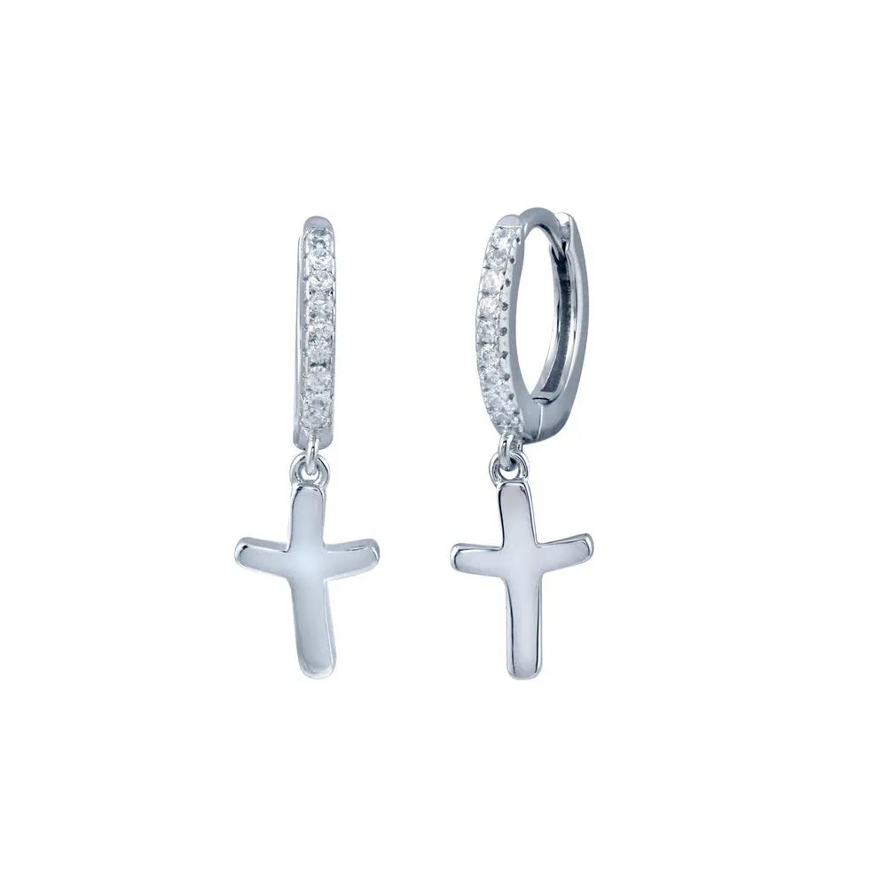 Rhodium Plated 925 Sterling Silver huggie hoop Cross CZ Earring - STE01301