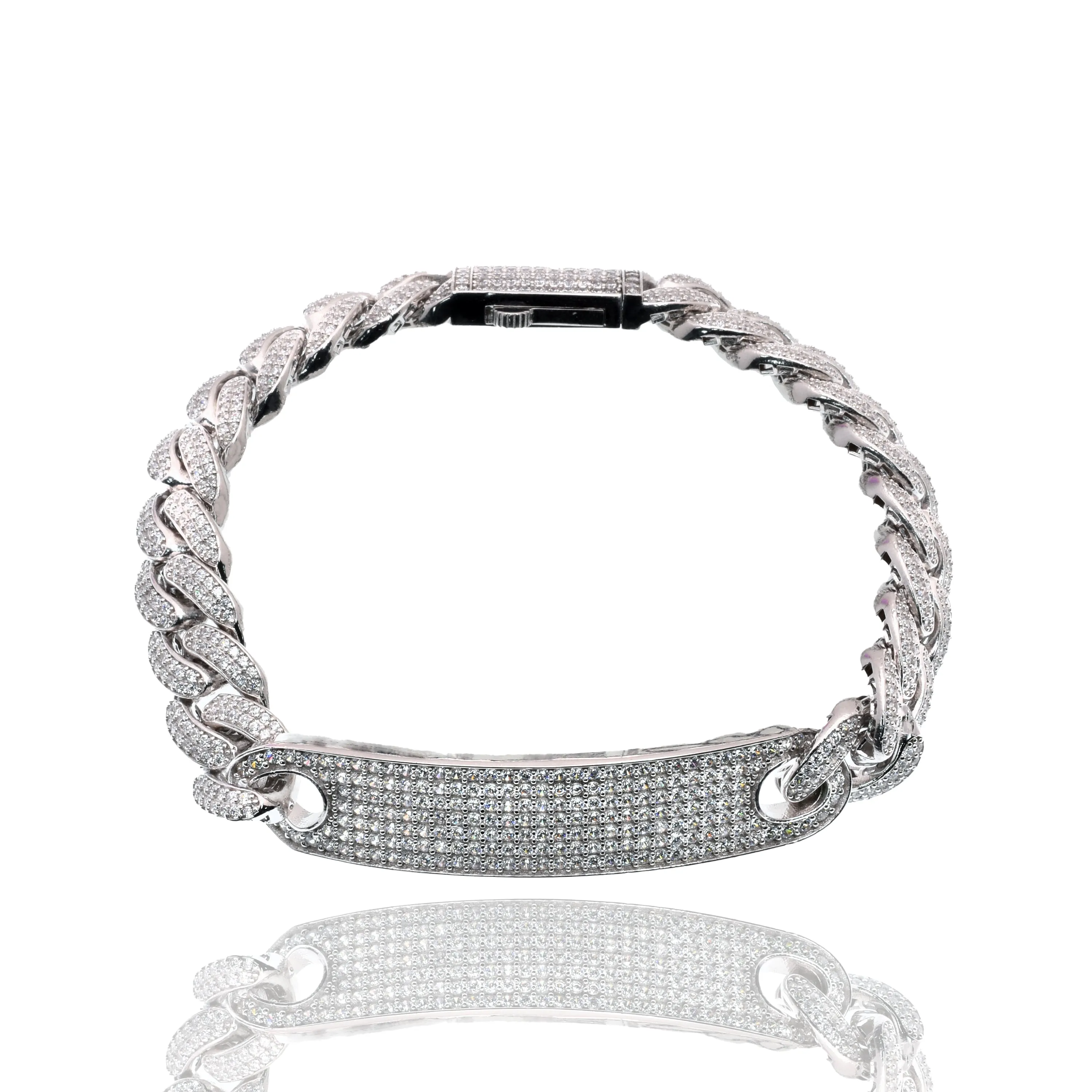 Rhodium Plated 925 Sterling Silver Iced Out Cuban Link ID 10.6mm Bracelet - GMB00145