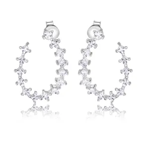 Rhodium Plated 925 Sterling Silver Indented Semi Hoop Square Cut Clear CZ Stud Earrings - BGE00747
