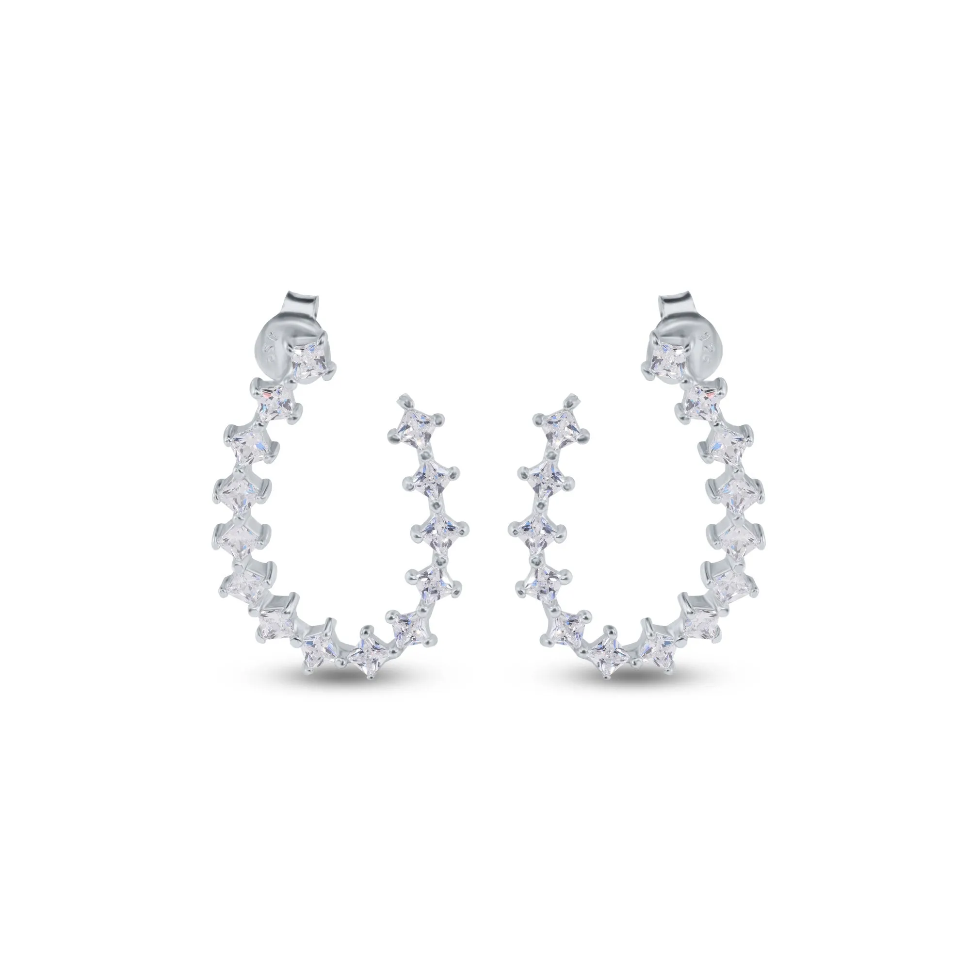 Rhodium Plated 925 Sterling Silver Indented Semi Hoop Square Cut Clear CZ Stud Earrings - BGE00747