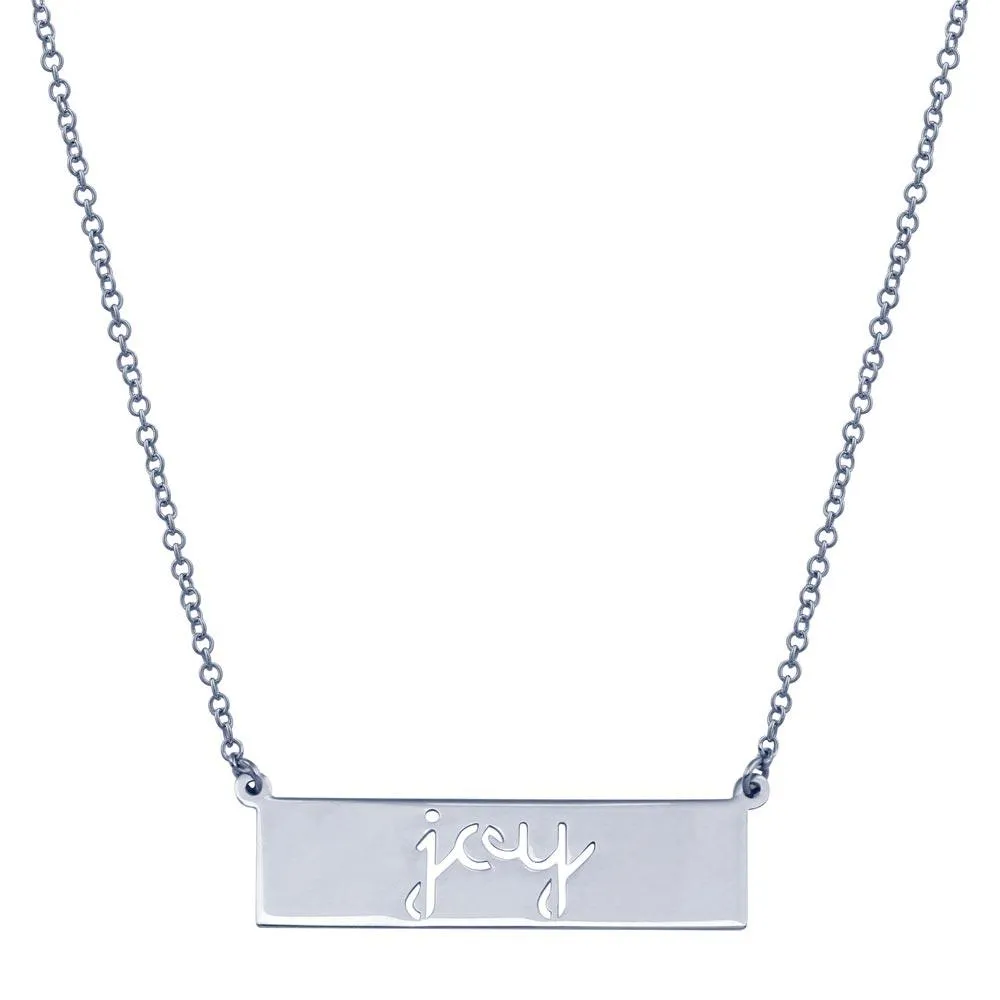 Rhodium Plated 925 Sterling Silver Joy Engraved Bar Pendant Necklace  - ARN00054RH