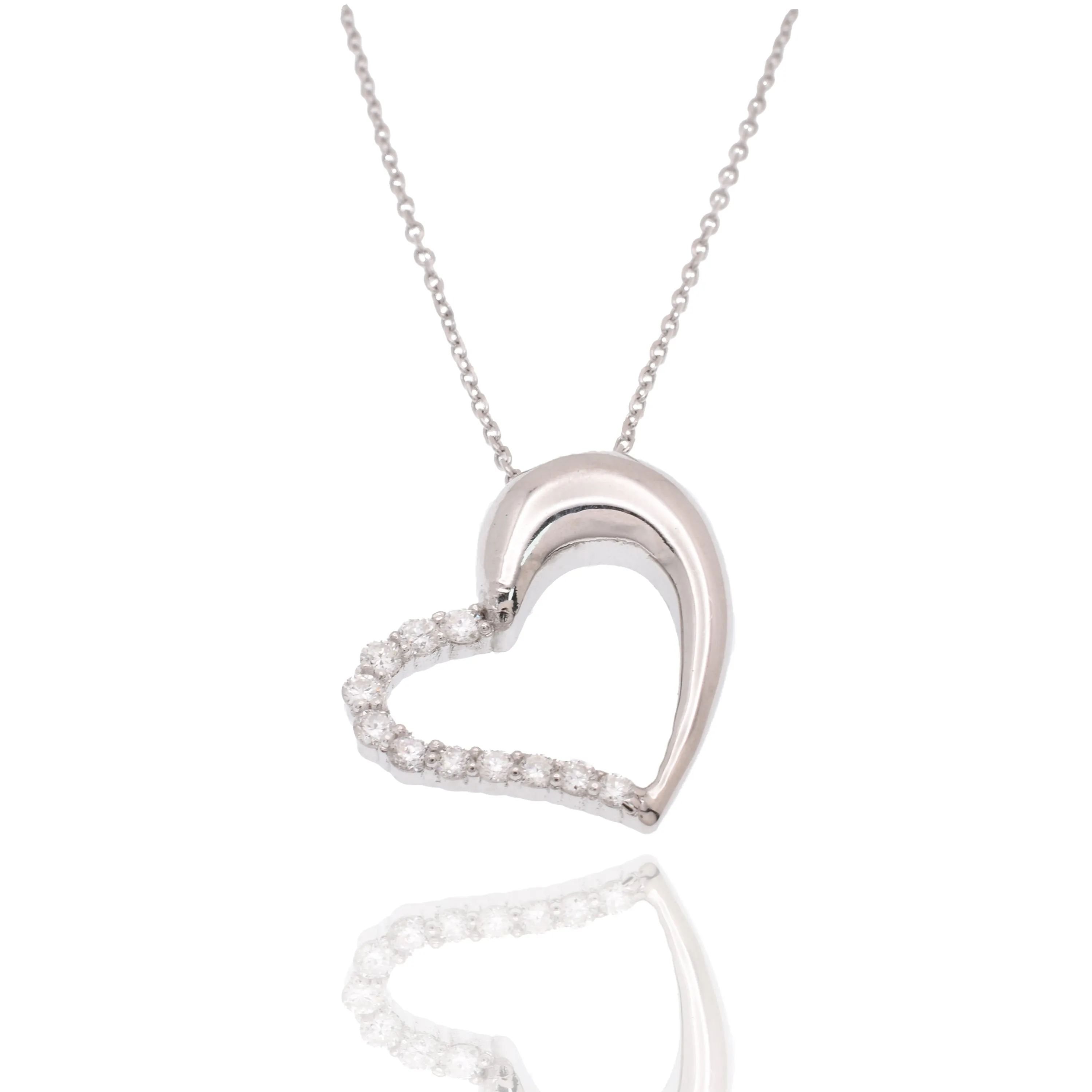 Rhodium Plated 925 Sterling Silver Lab Grown Diamond on 16.4mm x 21.1mm Assymetrical Heart Pendant Adjustable Necklace - LGMN00007