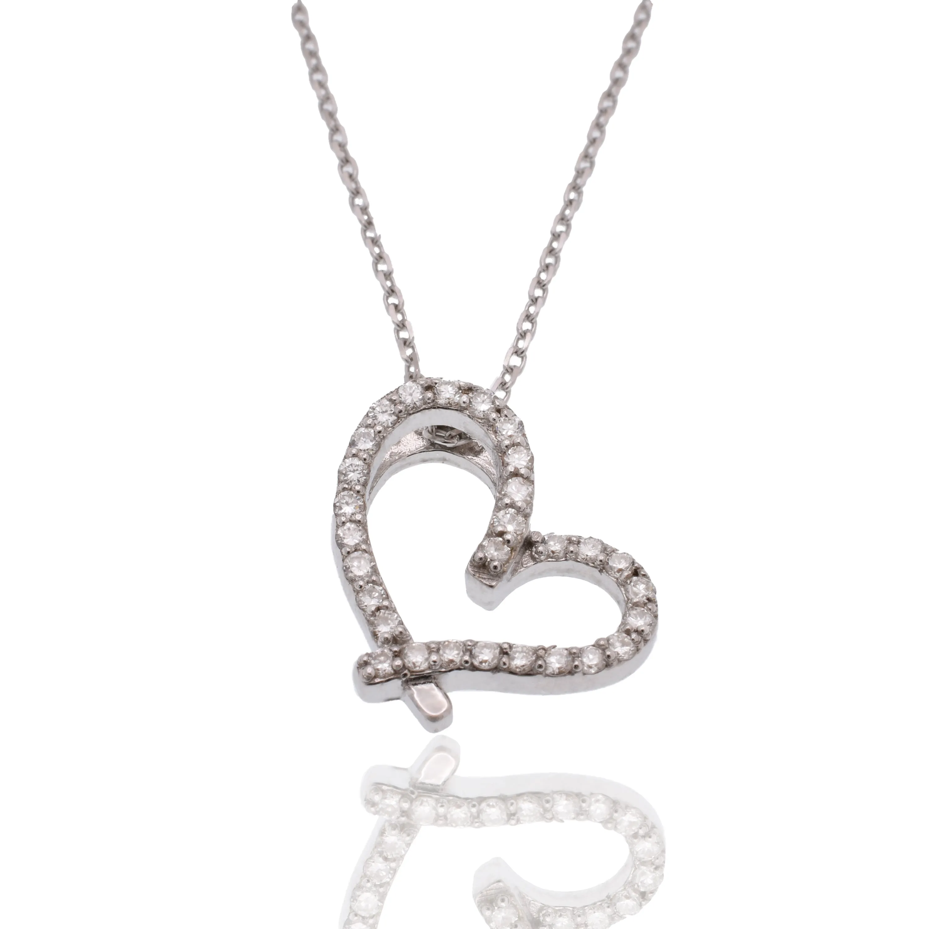 Rhodium Plated 925 Sterling Silver Lab Grown Diamond on Assymetrical Heart Pendant Adjustable Necklace - LGMN00002