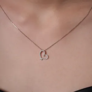 Rhodium Plated 925 Sterling Silver Lab Grown Diamond on Assymetrical Heart Pendant Adjustable Necklace - LGMN00002