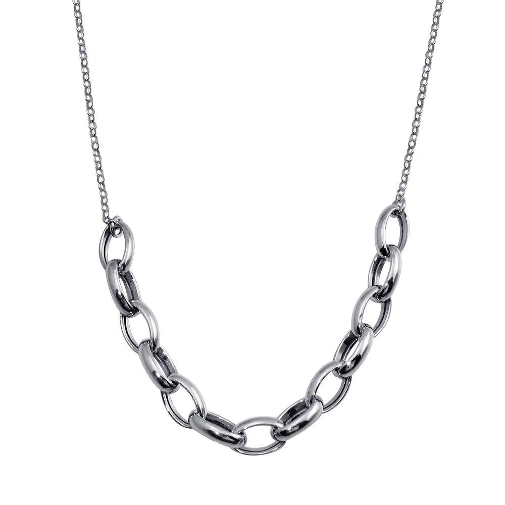 Rhodium Plated 925 Sterling Silver Large Oval Link Center Necklace  - ITN00142-RH