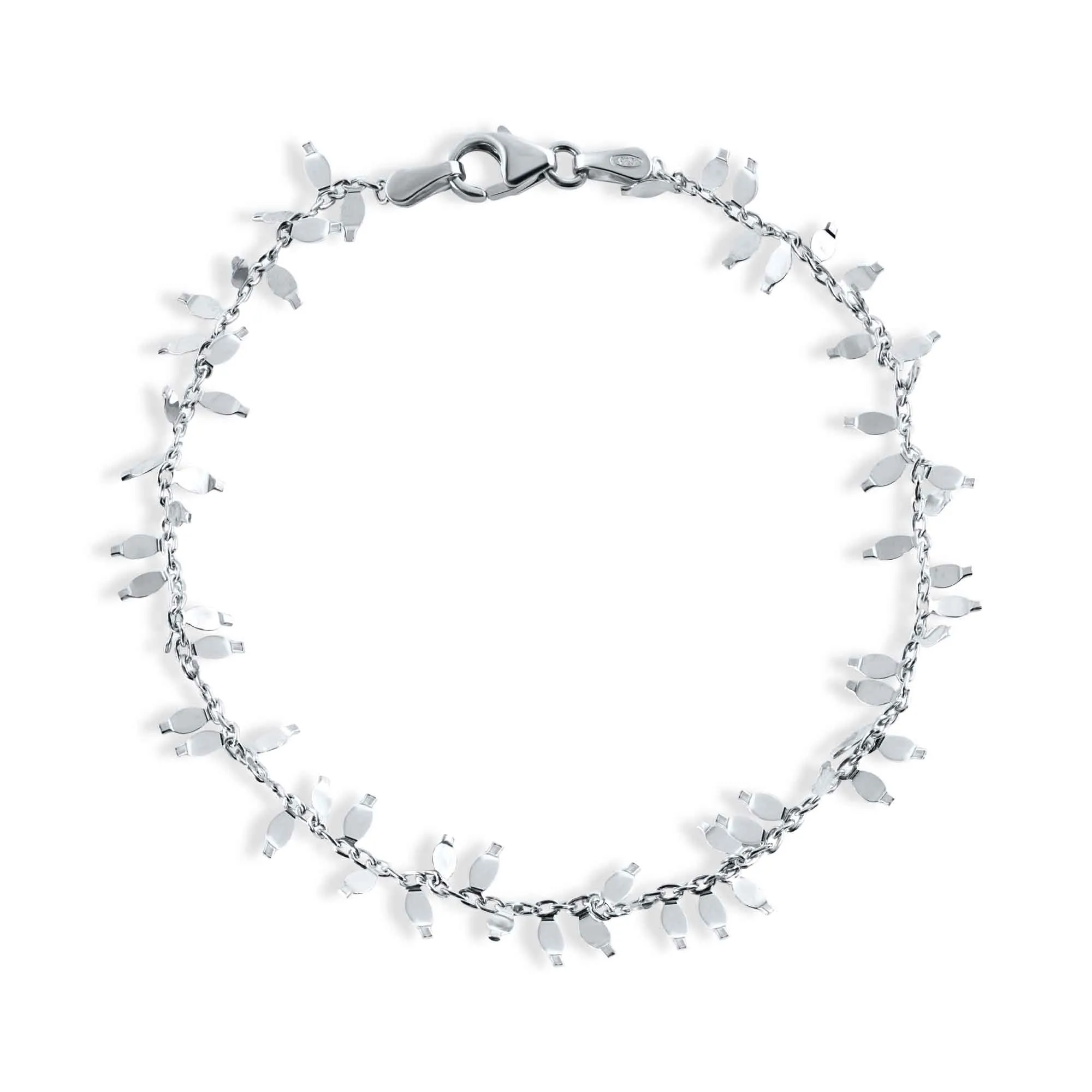 Rhodium Plated 925 Sterling Silver Leaves Link Bracelet - SPB00013RH