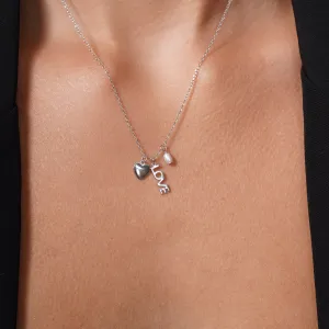 Rhodium Plated 925 Sterling Silver Love Heart Synthetic Pearl Charm Adjustable Necklace - JTN00004