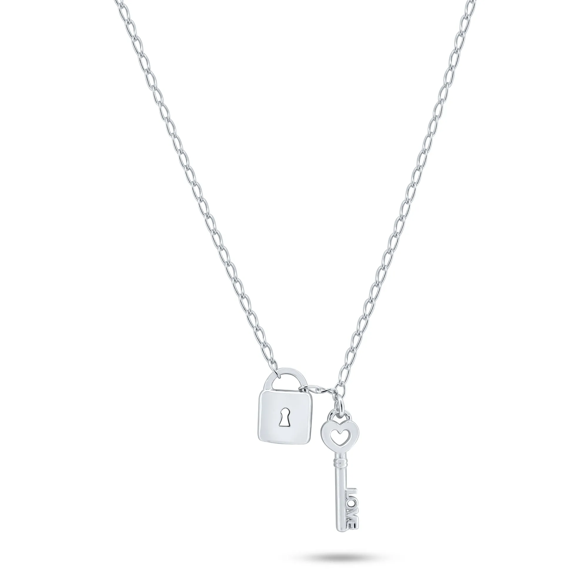 Rhodium Plated 925 Sterling Silver Love Key and Lock Necklace - ECN00070RH