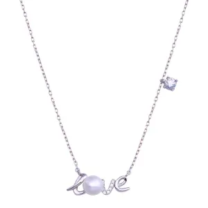 Rhodium Plated 925 Sterling Silver Love Mother of Pearl and CZ Necklace - STP01810