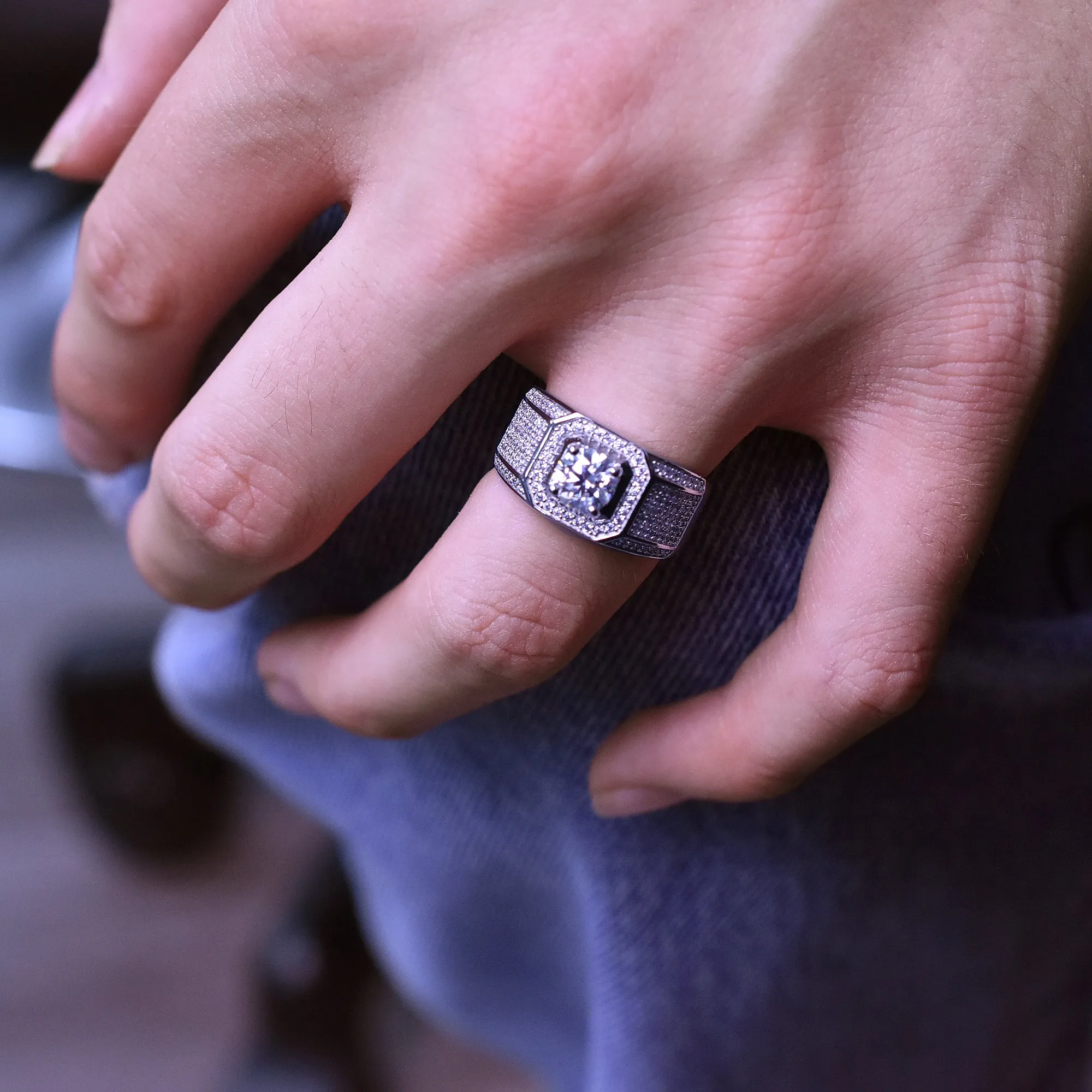 Rhodium Plated 925 Sterling Silver Men's 1 Carat Moissanite Stones Encrusted Statement Ring - MBGR00010