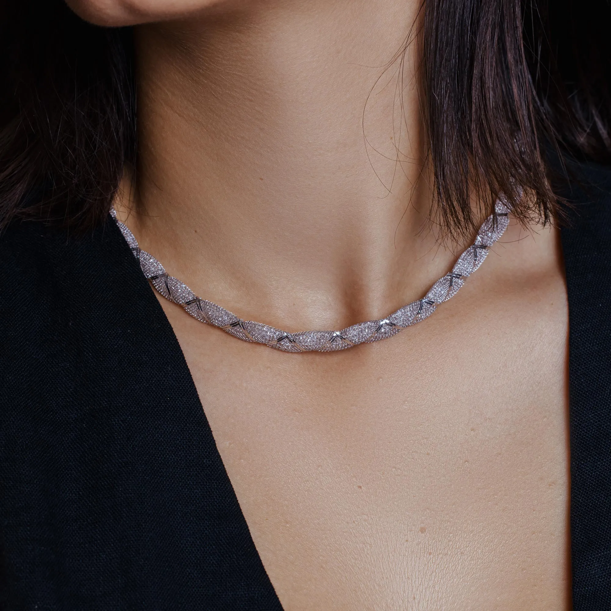 Rhodium Plated 925 Sterling Silver Mesh Wrap Accent Necklace - ECN00017RH